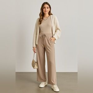 Lillusory Women Beige Elastic Band Drawstring Wide Leg Pants Boho Leisure Sz XL